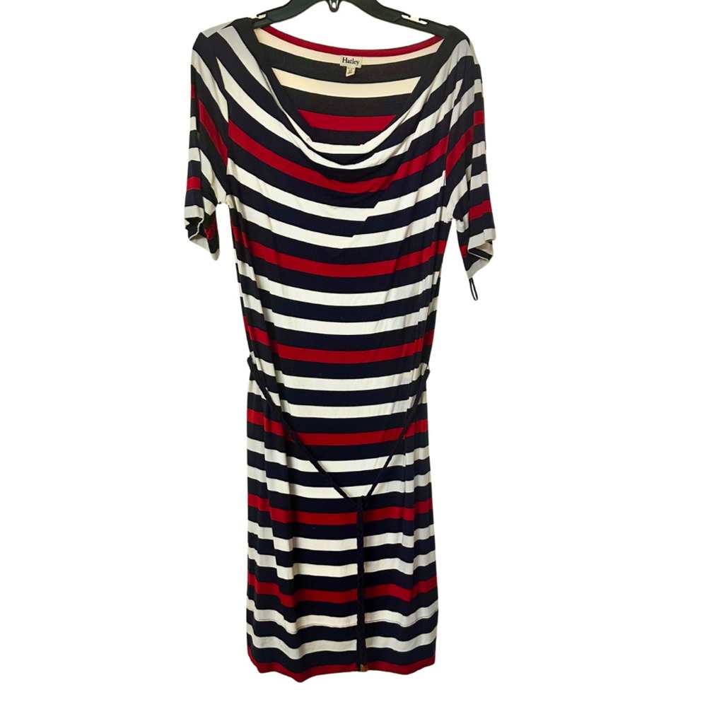 Hatley Striped Cowl Neck Short Sleeve Belted Dress Navy Red White S Small